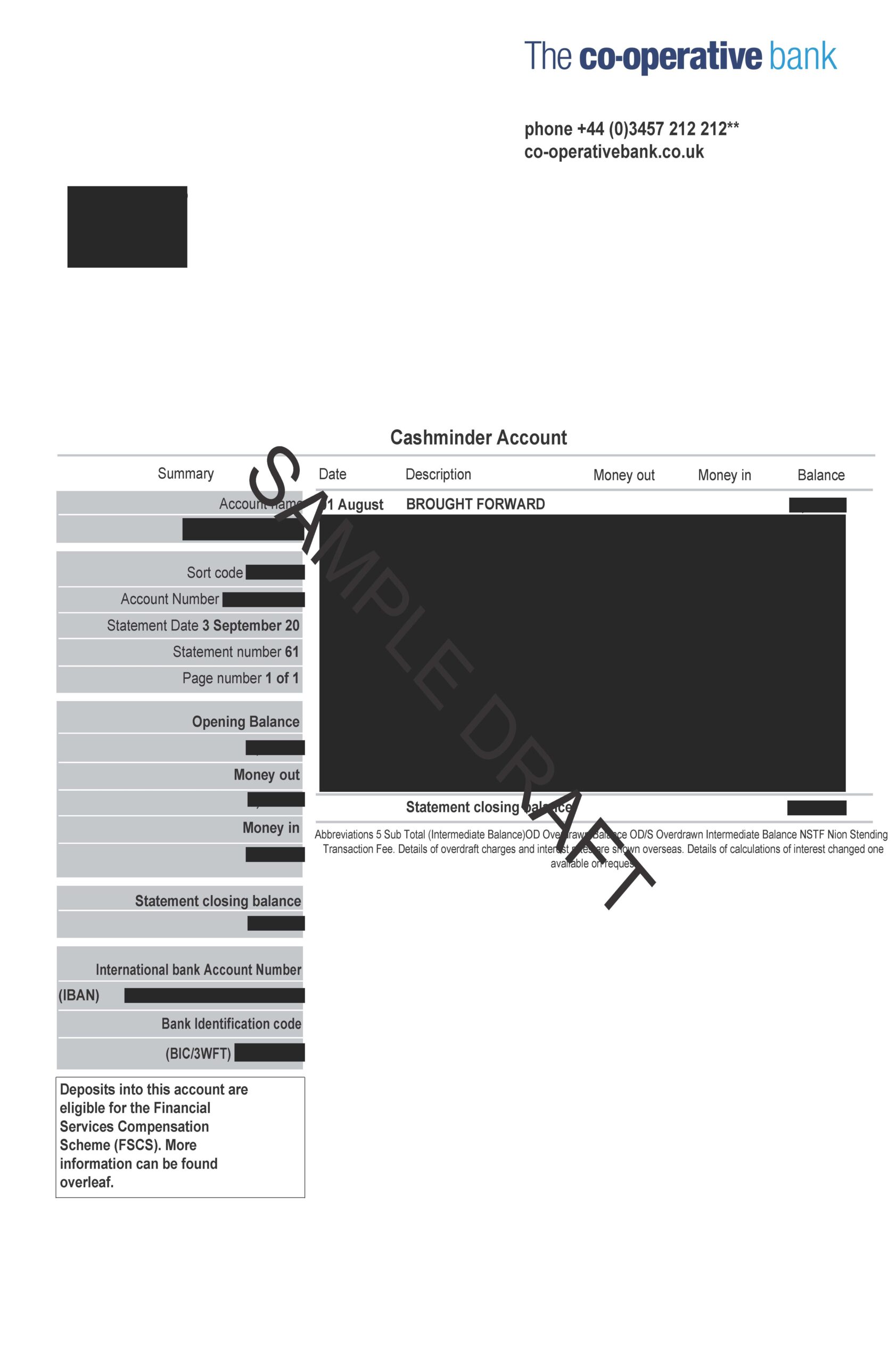 Sample fake Co-operative Bank statement