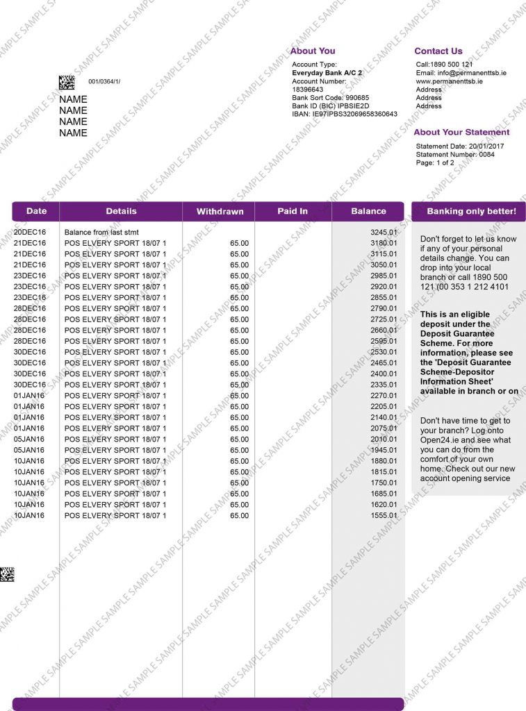 Sample fake Permanent TSB bank statement