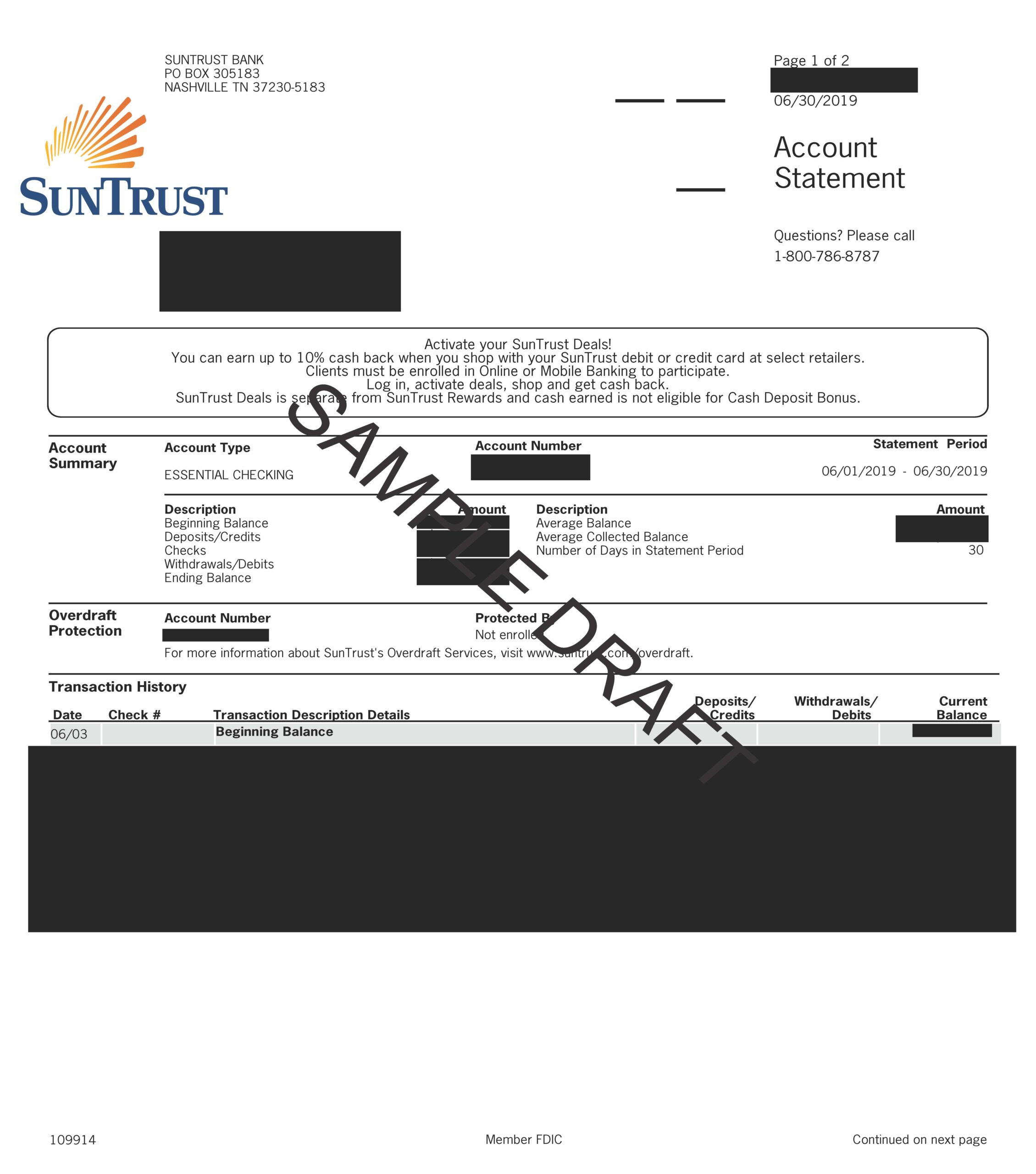 Sample fake SunTrust Bank statement