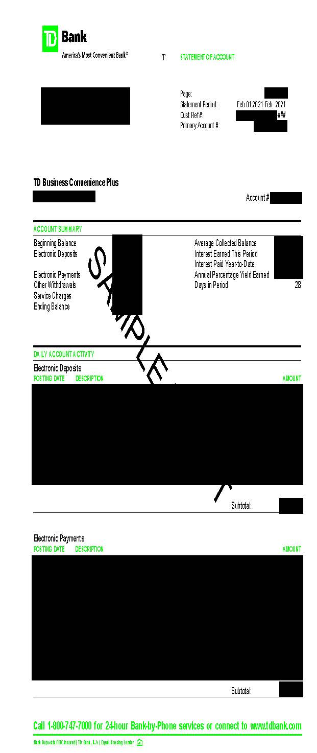 Sample fake TD Bank statement