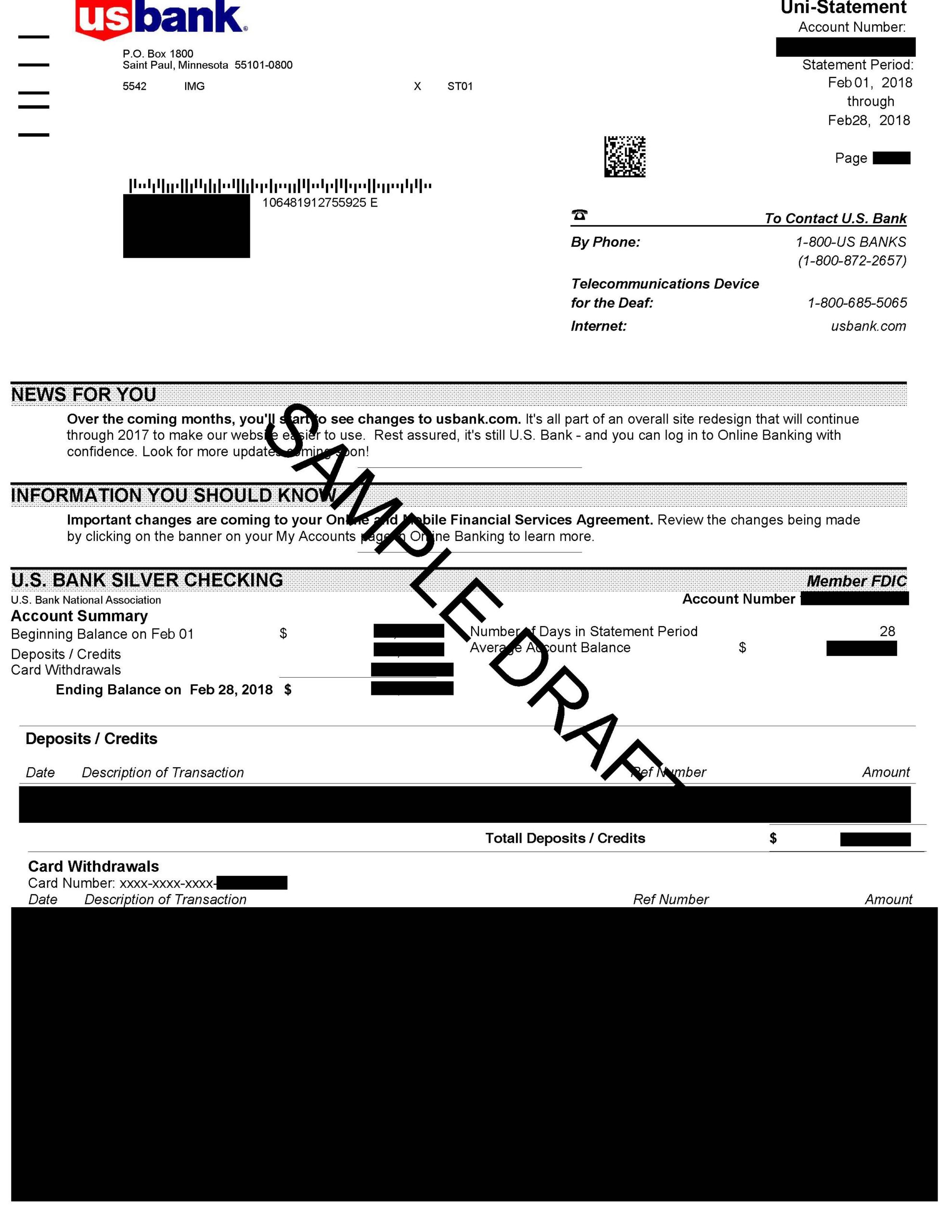Sample fake US Bank statement