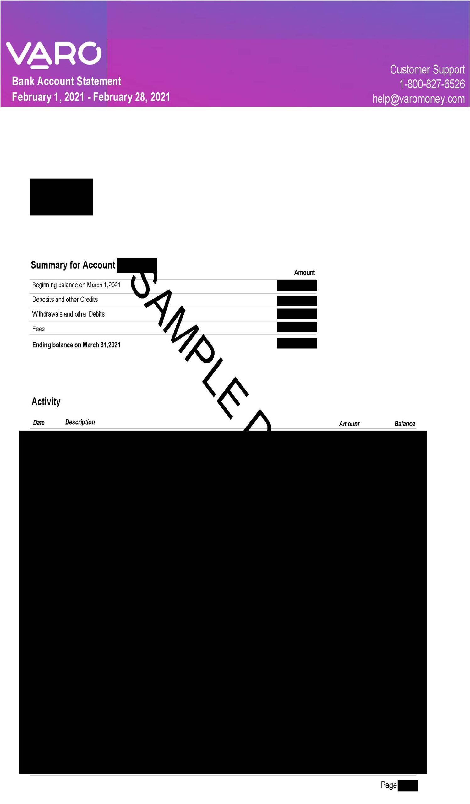 Sample fake Varo Bank statement
