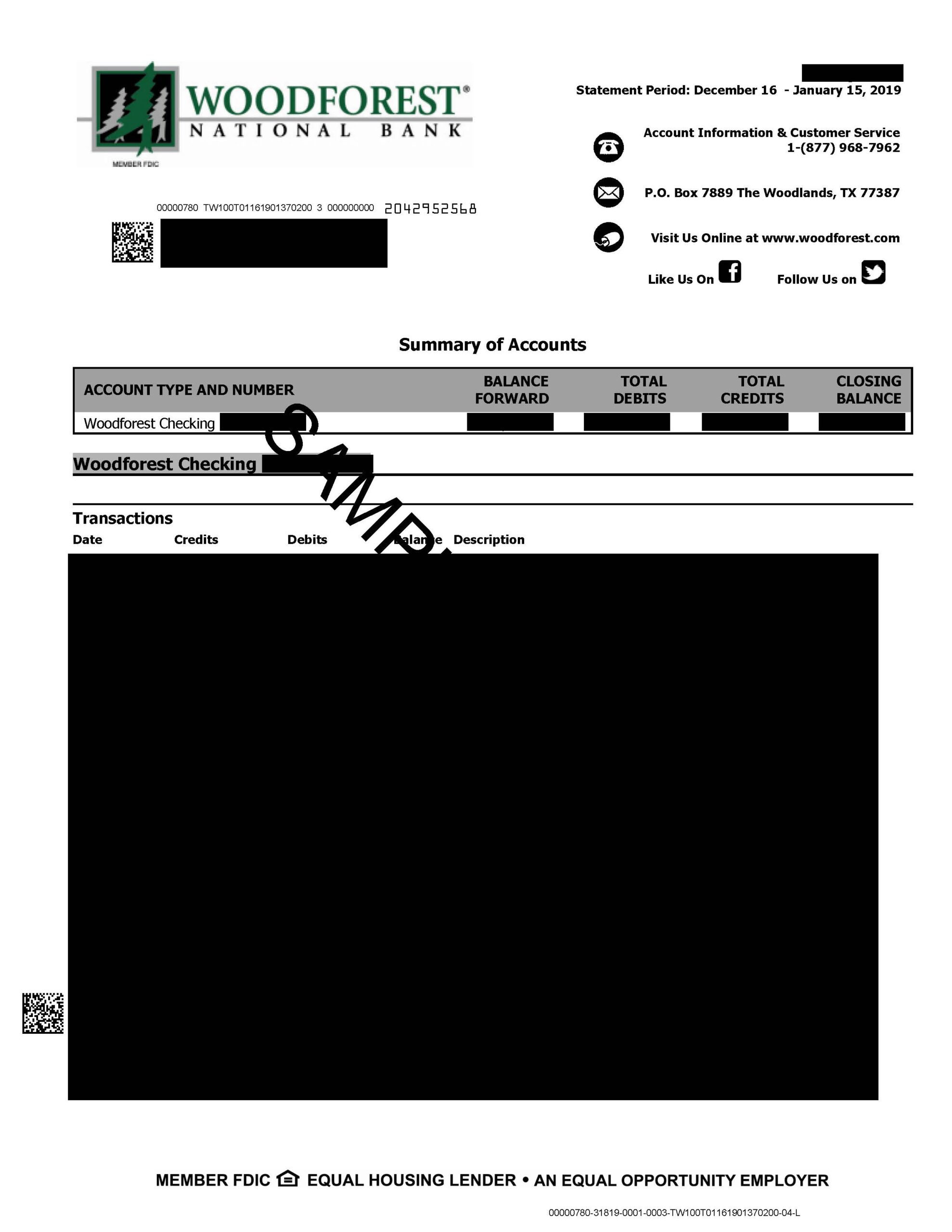 Sample fake Woodforest Bank statement
